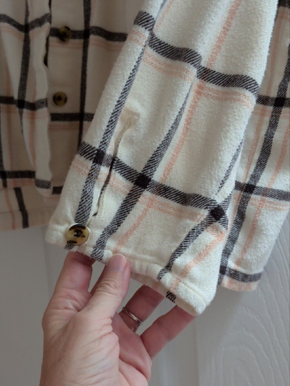 Madewell Flannel Cream Plaid Shirt Jacket with Black and Blush Stripes - Picture 3 of 6